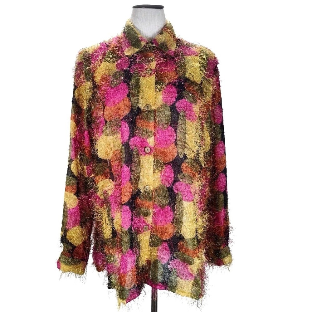 VTG Selene Sport Eyelash Fringe Sheer Button Up Top Womens L Artsy Colorful 90s